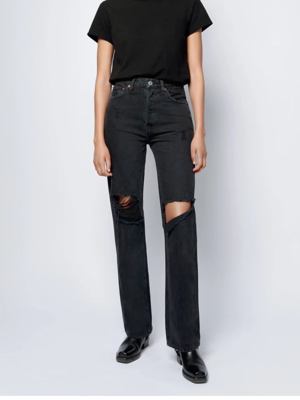 Re/Done High Rise Loose Jeans Washed Black with Rips - Picture 1 of 8